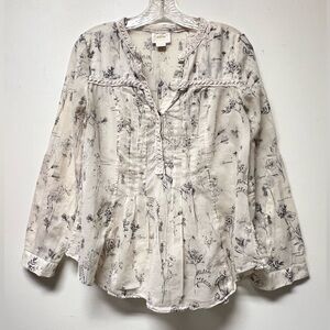 Anthropologie MAEVE Abella Pintuck Botanic Sketch Crochet Trim Blouse Top Size 6